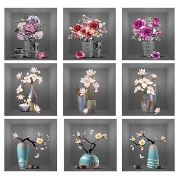 Имитация растений в горшках с розами 3D Наклейки на стену Гостиная Декоративные цветы в горшках Водонепроницаемый домашний декор Офис Кабинет