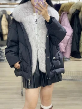 2023 Зимние пуховые женские куртки Модный однотонный воротник из натурального лисьего меха с планкой Внутренняя подкладка из белого гусиного пуха Уличная одежда