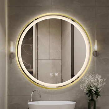 Круглое настенное зеркало в золотой раме для ванной комнаты со светодиодной подсветкой, Противотуманная Косметическая Подсветка, Зеркала для туалетного столика с сенсорным затемнением