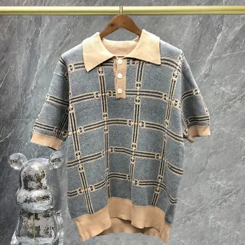 Мужская винтажная клетчатая контрастная дышащая рубашка 2023 года, летняя новая рубашка-поло с коротким рукавом, трикотажная приталенная футболка-поло