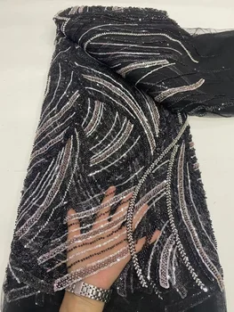 Тяжелая кружевная ткань ручной работы из бисера, роскошные хрустальные бусины, 5 ярдов для свадьбы, Белый тюль с блестками для новобрачных, Африканский блеск, последовательность