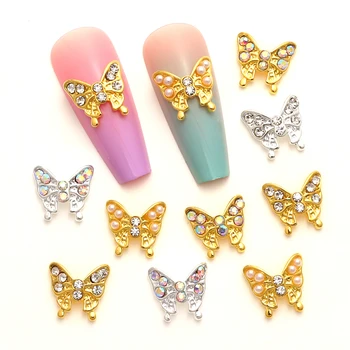 Золотой и серебряный металл, 3D двухслойный дизайн ногтей с бабочками, ювелирные украшения, блестящий горный хрусталь, жемчуг, украшения для ногтей, одежда, поделки