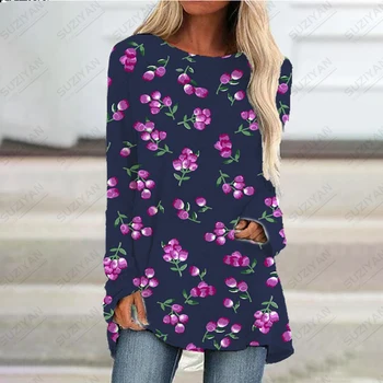 Весенне-осенняя женская футболка большого размера с 3D принтом и длинным рукавом, женское модное повседневное короткое платье в стиле ретро с цветочным узором для девочек 5XL