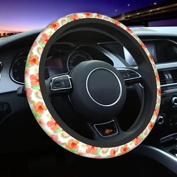 Красный Цветок Крышка Рулевого Колеса Белый Цветочный Нескользящий Неопрен 15-Дюймовый Автомобильный Протектор Рулевого Колеса Universal Fit Auto
