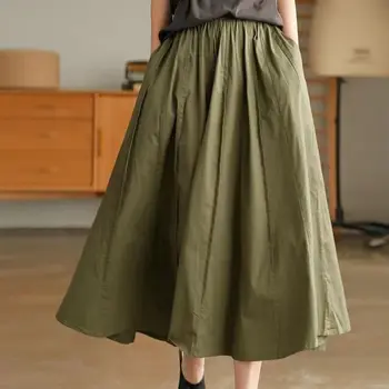 Шикарная и элегантная женская юбка y2k, японская мода Harajuku, Длинная эластичная талия, 100% хлопок, Армейская зеленая однотонная юбка макси трапециевидной формы