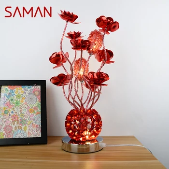 Современная Красная настольная лампа SAMAN, Модная Художественная Цветочная гостиная, Спальня, Свадьба, Оригинальная Светодиодная настольная лампа из алюминиевой проволоки