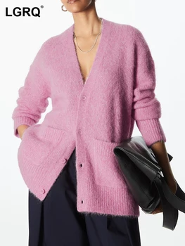 LGRQ Осенний Модный Элегантный Женский Однотонный Вязаный кардиган 2023 цвета С V-образным вырезом, Свободный Простой Модный Повседневный свитер Для девочек 19F1678