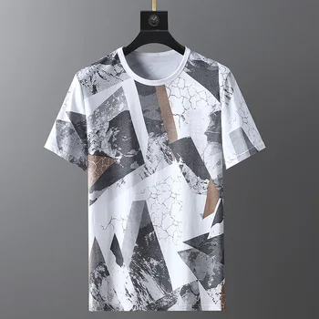Летняя новая мужская хлопчатобумажная футболка ice silk размера плюс с геометрическим рисунком wild с короткими рукавами tide с короткими рукавами 10XL 9XL, футболка оверсайз