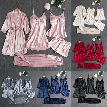 Комплект женских атласных пижам из 5 предметов, сексуальные пижамы с шелковыми кружевными вставками