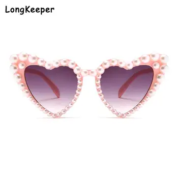 Солнцезащитные очки Long Keeper 2023 White Pearl Cat Eye, женские солнцезащитные очки Pearl Heart, Пляжные розовые Винтажные панк-очки Uv400