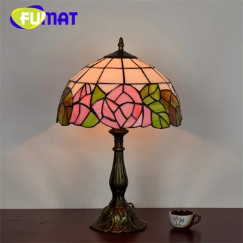 Настольная лампа с витражным стеклом FUMAT Tiffany в европейском стиле с розами для гостиной, кабинета, спальни, прикроватной тумбочки, праздничной настольной лампы