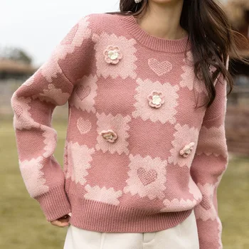 Корейский цветочный контрастный вязаный свитер Love, Осенне-зимний Женский пуловер с круглым вырезом и напуском, Свободные пуловеры в шахматную клетку, Джемперы, топы
