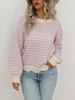 Женский свитер, новый свитер в Т-образную полоску с круглым вырезом, модный вязаный пуловер с вырезами, Уличная одежда, женская одежда, Трикотажные топы