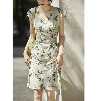 Корейское летнее женское платье 2023 года, элегантное платье с V-образным вырезом, без рукавов, с узкой талией, Трапециевидные Короткие платья, повседневные оборки с принтом, Vestidos