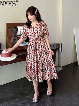 2023 Летнее Новое Корейское женское платье Vestidos Robe Elbise, Свободные платья с принтом больших размеров, V-образный вырез, Высокая талия, Короткий рукав, Длинные платья