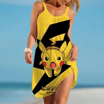 Свободные Миди-Платья Pikachu для Женщин 2023, Женские Летние Сарафаны, Пляжное Платье Без Рукавов, Сексуальный Слинг Y2k Pokemon, Элегантная вечеринка