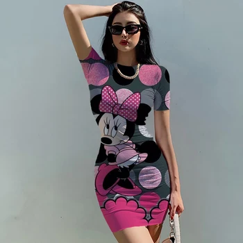2024 Летнее Женское Новое Корейское Темпераментное Мини-платье Disney Minnie Mickey Mouse С Короткими рукавами И Обтягивающей Талией, Сексуальная Сумка На Бедрах
