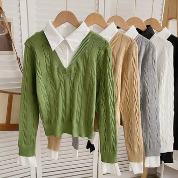 Женская рубашка в стиле пэчворк, вязаный свитер, пуловеры, топы, модная повседневная рубашка с длинным рукавом на пуговицах, 2 в 1, пуловер, блузка, топы