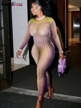 Weird Puss, сексуальное вечернее платье в полоску с принтом, Прозрачное Женское Летнее Облегающее Эластичное стрейчевое уличное платье Maxi Bodycon Slim Vestidos