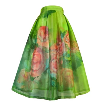 Женская подиумная мода, Весна-лето, Дизайнерская юбка из органзы с зеленым принтом, женская осенняя юбка трапециевидной формы с высокой талией TB1564