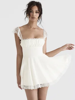 Элегантное женское мини-платье с белым кружевным ремешком, модное платье без рукавов с открытой спиной, свободное Сексуальное короткое платье Vestido Clubwear