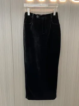 Летняя роскошная новинка 2023 года, Высококачественная повседневная черная бархатная винтажная юбка миди с разрезом для женщин Rmsx 8.24