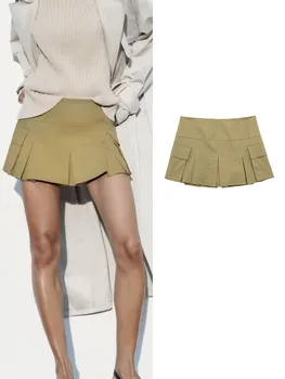 TRAF Sexy 2023 Летние женские плиссированные юбки трапециевидной формы, женские модные однотонные юбки с карманами и складками, мини-юбка в пляжном стиле с высокой талией