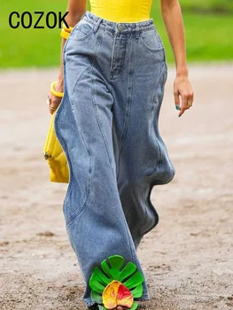 Cozok, винтажные женские джинсы с широкими штанинами, Y2k, шикарные мешковатые джинсовые брюки с низкой талией, волнистой формы, 2023, осенние джинсовые брюки уличной одежды в стиле Гранж