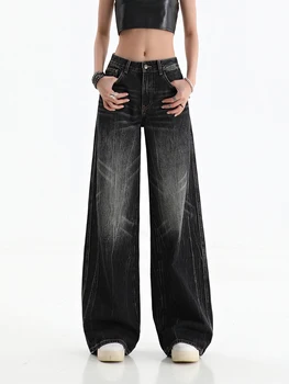 Женские Винтажные Черные готические прямые джинсы Y2k в стиле хип-хоп, Мешковатые Повседневные джинсовые брюки с широкими штанинами в готическом стиле, Уличная одежда, Женские длинные брюки 2023