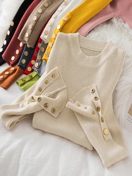2023 женский толстый свитер, пуловеры цвета хаки, повседневный осенне-зимний шикарный свитер с круглым вырезом и пуговицами, женский тонкий вязаный топ, мягкий джемпер, топы