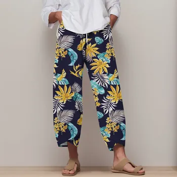 Широкие брюки, женские укороченные брюки с цветочным принтом, Комфортные пляжные брюки с эластичной резинкой на талии, мешковатые винтажные шаровары в стиле Бохо, Брюки
