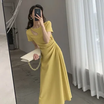 Однотонное летнее платье для женщин 2023, уличное платье, сексуальное повседневное желтое платье в складку с круглым вырезом, Элегантные длинные платья для женщин