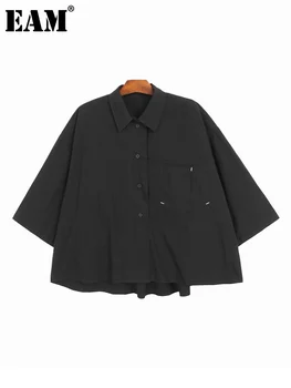 [EAM] Женская Черная Повседневная блузка с плиссированной спинкой Большого размера, Новая рубашка с отворотом и рукавом Три четверти, Модная Весна-осень 2023 1DF6019
