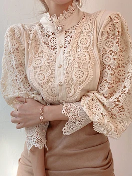Сексуальные открытые рубашки, женские винтажные модные кружевные блузки в стиле пэчворк с цветочным рисунком, женские модные однотонные повседневные блузки с пышными рукавами