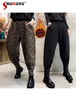 Корейские модные Женские шаровары с эластичным поясом и леопардовым принтом 2023, осень-зима, Ретро, свободные, с флисовой подкладкой, плюс плотные брюки