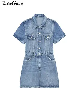 Выцветшее синее джинсовое платье-рубашка, женское мини-джинсовое платье на пуговицах с коротким рукавом, женские Летние повседневные платья с карманами, уличная одежда