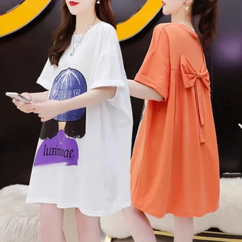 Женская футболка с бантом Design Sense средней длины 2023, новый летний Корейский свободный топ-футболка Fat Mm