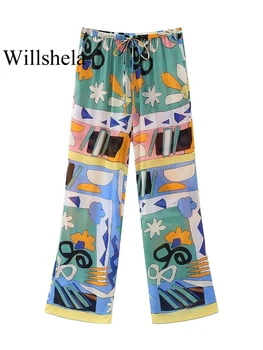 Willshela / женские прямые брюки с модным принтом, плиссированные, на завязках, винтажные, с высокой талией, женские шикарные брюки полной длины