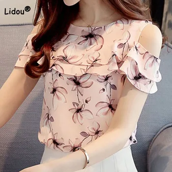 Летняя модная элегантная рубашка с принтом с открытыми плечами, женская одежда, универсальная шифоновая блузка в корейском стиле с оборками, женская блузка с пайетками