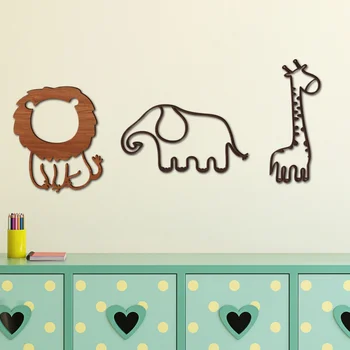 [Настенный орнамент] Mz137 Трехмерное мультяшное животное, Слон, Лев, Жираф, Деревянная наклейка на стену, украшение для дома, Colo