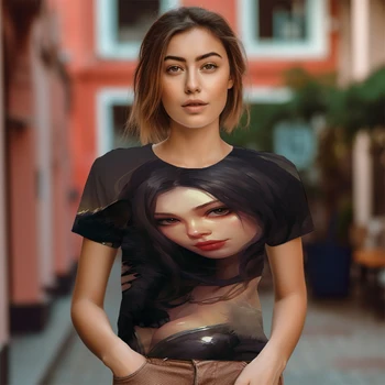 Летняя женская футболка с круглым вырезом для вечеринок, высококачественная футболка с 3D-портретной печатью, новая модная женская футболка большого размера