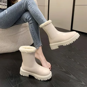 Белая модная женская обувь 2023 года, осенне-зимние хлопковые туфли из плюша и на квадратном каблуке, зимние ботинки, полусапожки Женская обувь