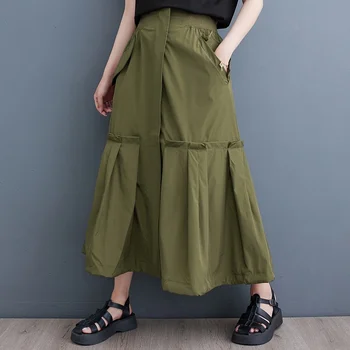 #3050 Летние асимметричные юбки, женская черно-зеленая уличная юбка трапециевидной формы с разрезом и оборками, женская юбка, Тонкая, с высокой талией 