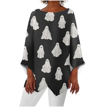 Женская свободная футболка с принтом на Хэллоуин, круглый вырез, блузка с рукавом девять четвертей, модная футболка с нерегулярным подолом, женский топ в стиле харадзюку
