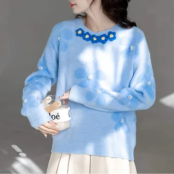 Женские свитера контрастного цвета с объемной цветочной вышивкой, милые трикотажные топы