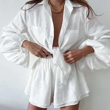 Белый повседневный комплект шорт для женщин, элегантная рубашка с длинным рукавом, блузка и шорты, короткие брюки с высокой талией, комплект из двух предметов 2023