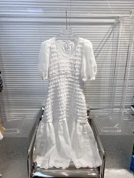 2023 новое женское модное белое платье с круглым вырезом и коротким рукавом, вышитое круглым вырезом 0617