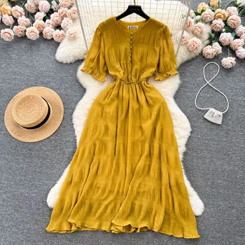 Шикарное Элегантное Французское женское платье с круглым вырезом, плиссированное длинное платье Миди желтого абрикосового цвета, модное повседневное вечернее платье трапециевидной формы SR892