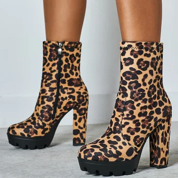 Женщины сапоги мода середины икры на платформе стадо 12.5 кв. см каблук круглый носок на молнии в уличном стиле Женская обувь с леопардовым принтом коричневый