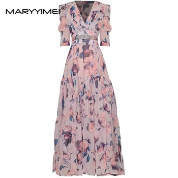Дизайнерское летнее женское модное платье MARYYIMEI С V-образным вырезом и короткими рукавами И принтом, Шифоновое бальное платье на шнуровке, платья